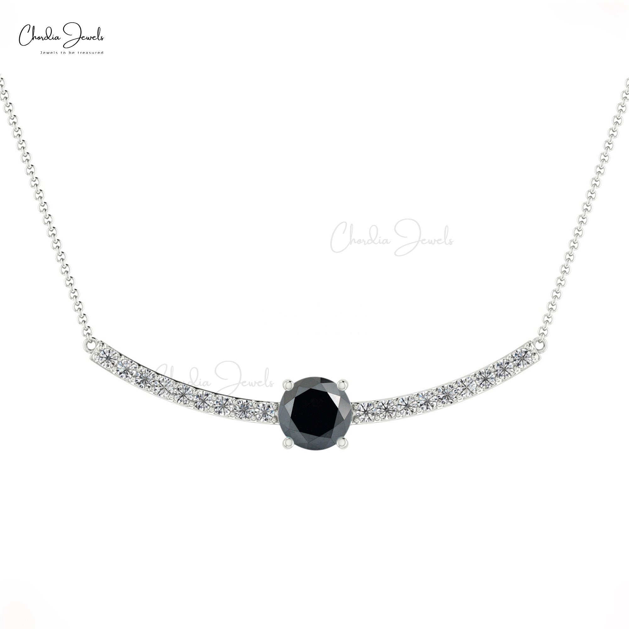 Solid 14k Gold Diamond Bar Necklace with 5mm Black Diamond April Birthstone Chain Necklaces