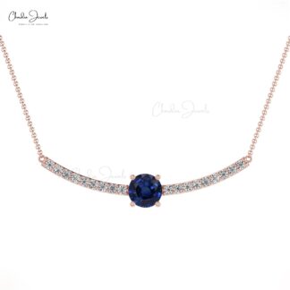 Diamond Statement Necklace In Real 14k Gold Blue Sapphire 5mm Gemstone Fine Necklaces