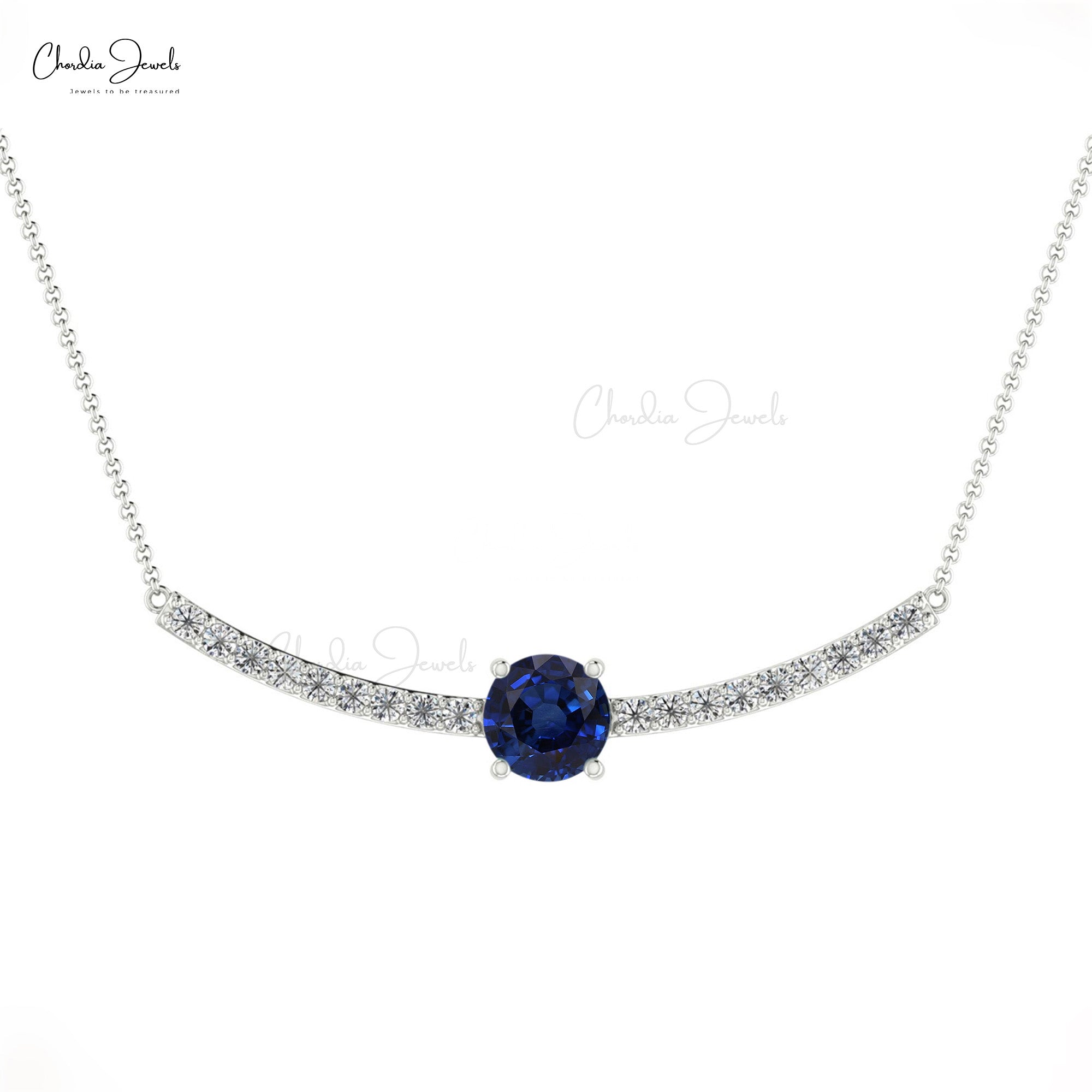 Diamond Statement Necklace In Real 14k Gold Blue Sapphire 5mm Gemstone Fine Necklaces
