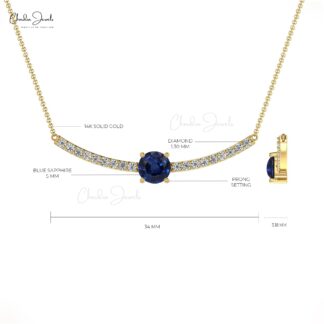 Diamond Statement Necklace In Real 14k Gold Blue Sapphire 5mm Gemstone Fine Necklaces