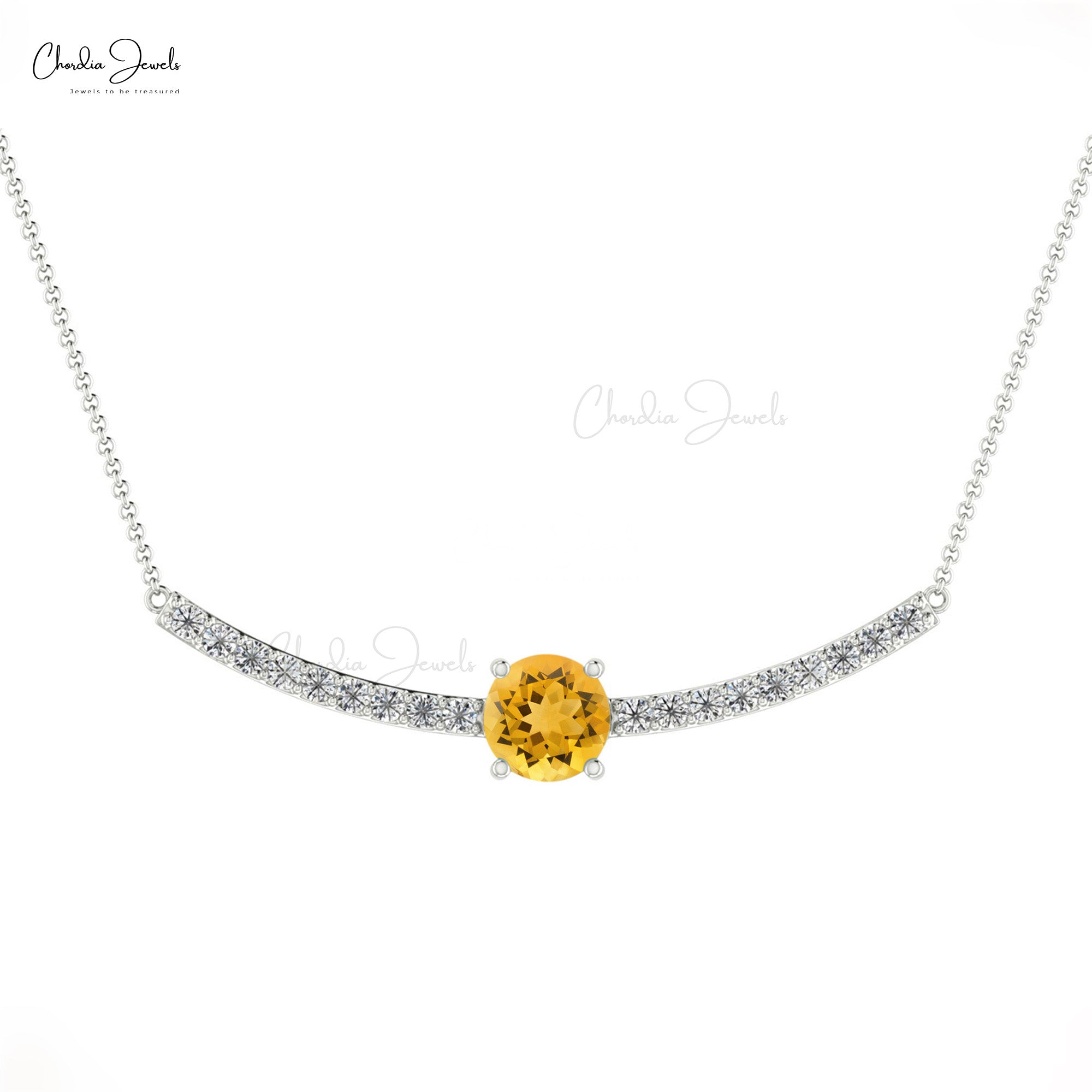 Round Citrine Statement Necklace In 14k Gold Gemstone And Diamond Hallmarked Jewelry