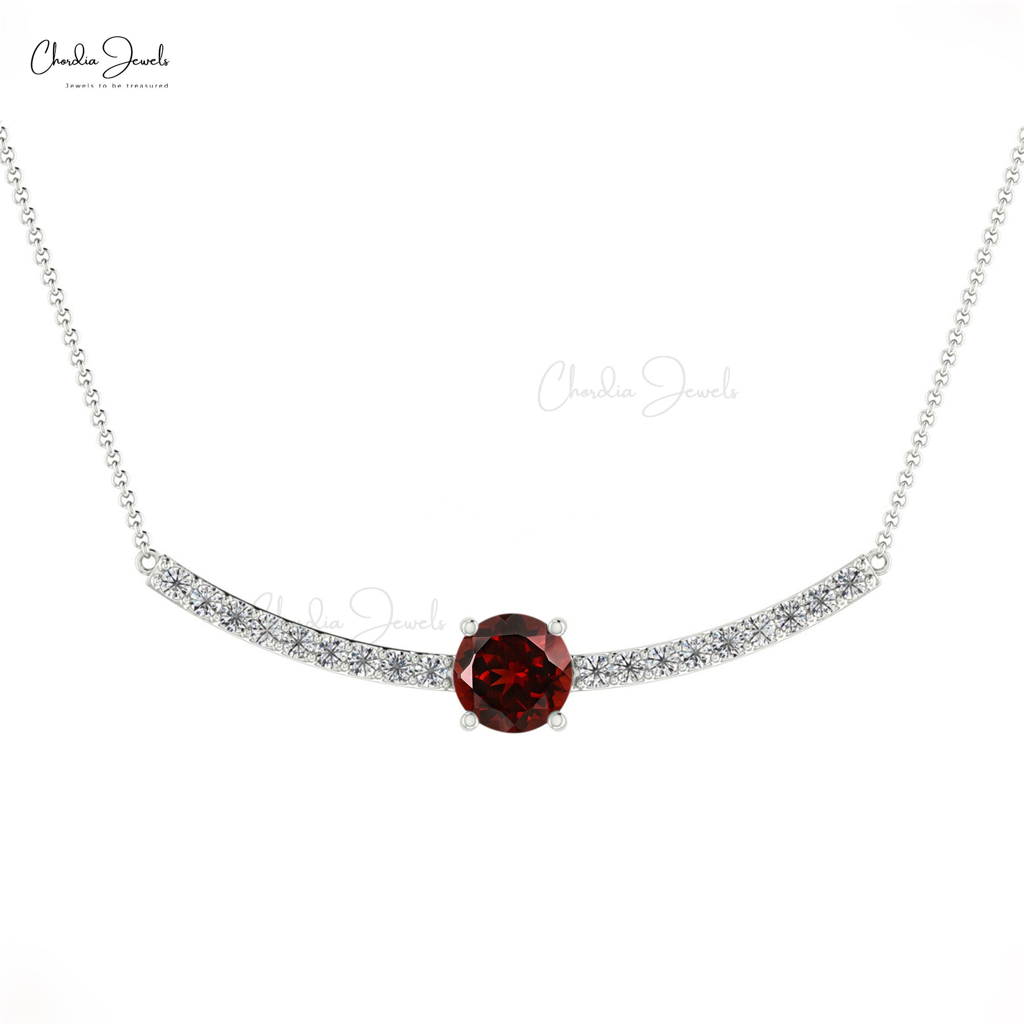 5mm Red Garnet & Genuine Diamond Statement Necklace In 14k Solid Gold
