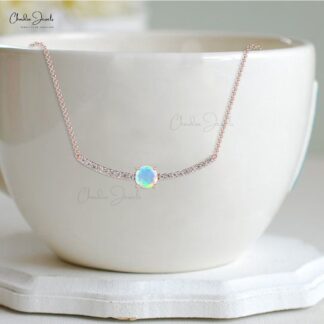 Statement Gemstone Necklace With 5mm Fire Opal And Diamond Chain Necklace For Mom