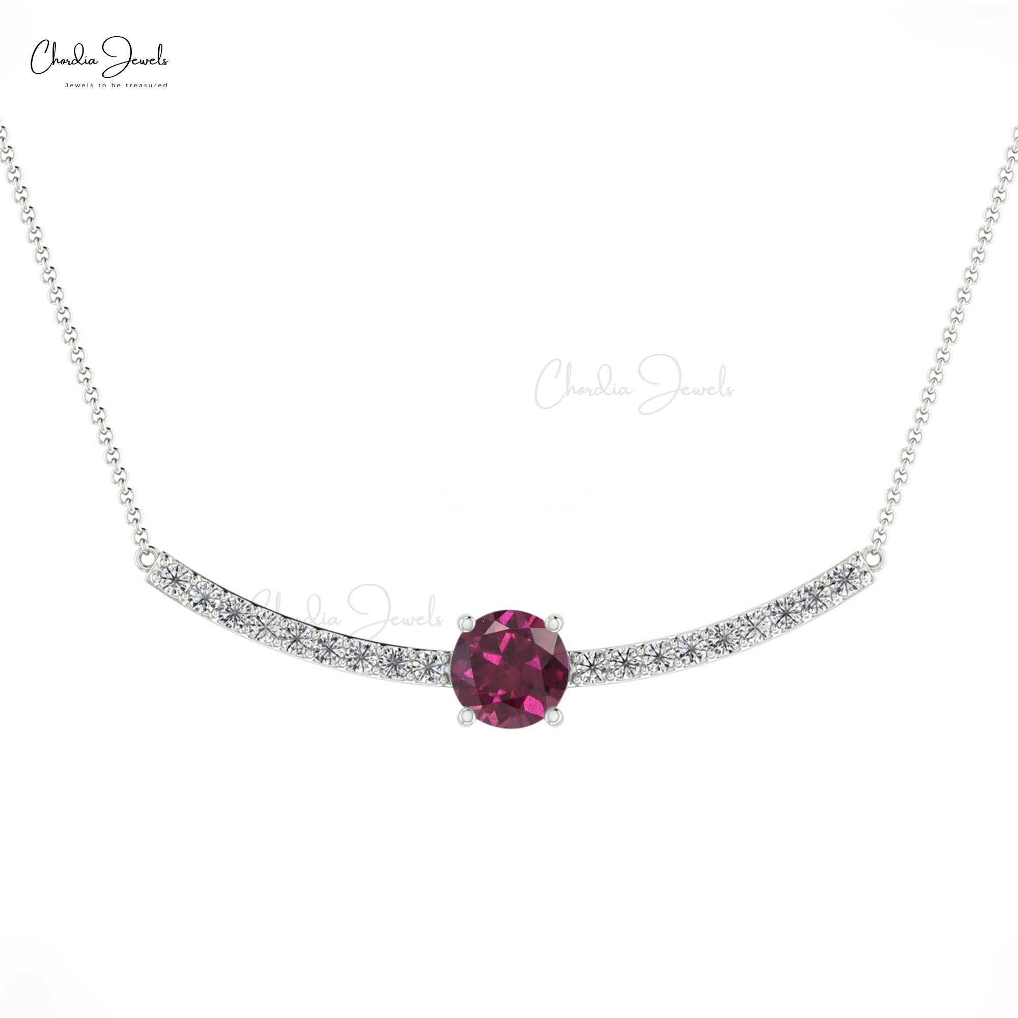 Genuine 14K Gold AAA Rhodolite Garnet & Round Diamond Necklace