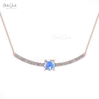 Diamond Bar Women Necklace With 5mm Moonstone Prong Set In 14k Solid Gold Necklace