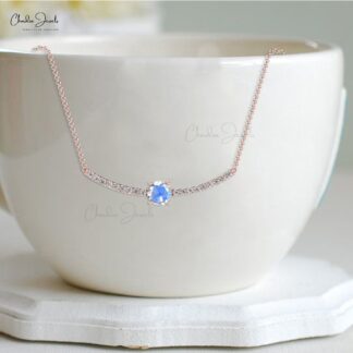Diamond Bar Women Necklace With 5mm Moonstone Prong Set In 14k Solid Gold Necklace
