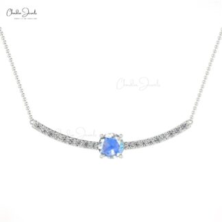 Diamond Bar Women Necklace With 5mm Moonstone Prong Set In 14k Solid Gold Necklace