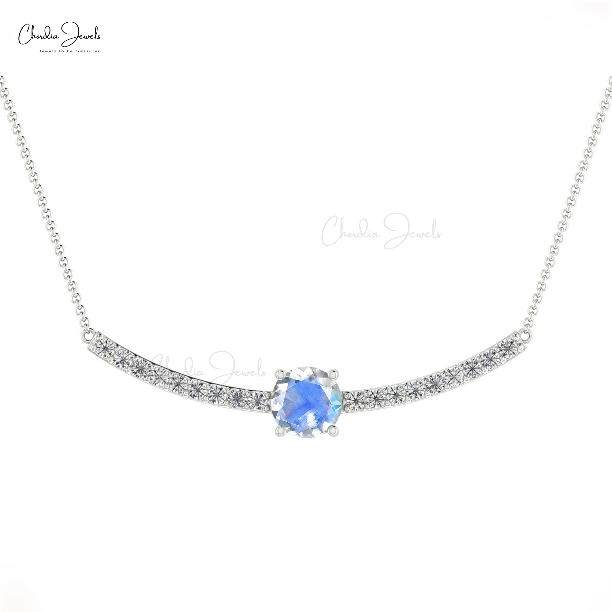 Diamond Bar Women Necklace With 5mm Moonstone Prong Set In 14k Solid Gold Necklace
