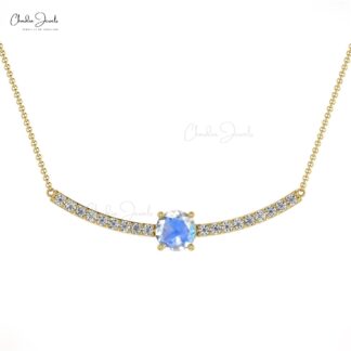 Diamond Bar Women Necklace With 5mm Moonstone Prong Set In 14k Solid Gold Necklace