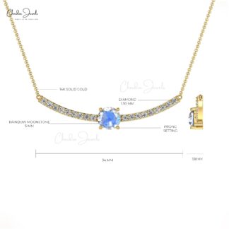 Diamond Bar Women Necklace With 5mm Moonstone Prong Set In 14k Solid Gold Necklace