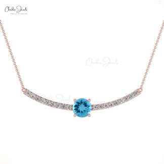 Diamond Statement Necklace In Solid 14k Gold Swiss Blue Topaz Prong Set Handmade Necklaces