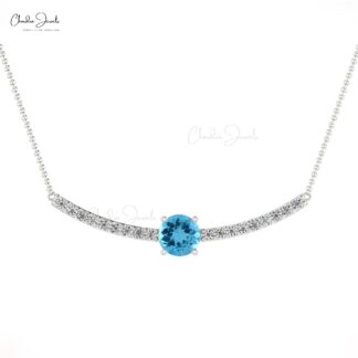 Diamond Statement Necklace In Solid 14k Gold Swiss Blue Topaz Prong Set Handmade Necklaces
