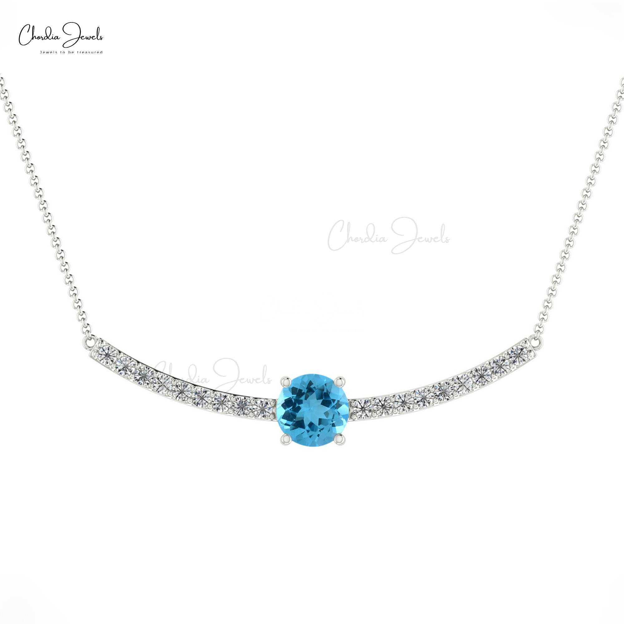 Diamond Statement Necklace In Solid 14k Gold Swiss Blue Topaz Prong Set Handmade Necklaces
