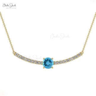 Diamond Statement Necklace In Solid 14k Gold Swiss Blue Topaz Prong Set Handmade Necklaces