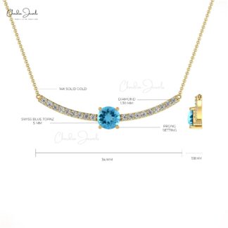 Diamond Statement Necklace In Solid 14k Gold Swiss Blue Topaz Prong Set Handmade Necklaces