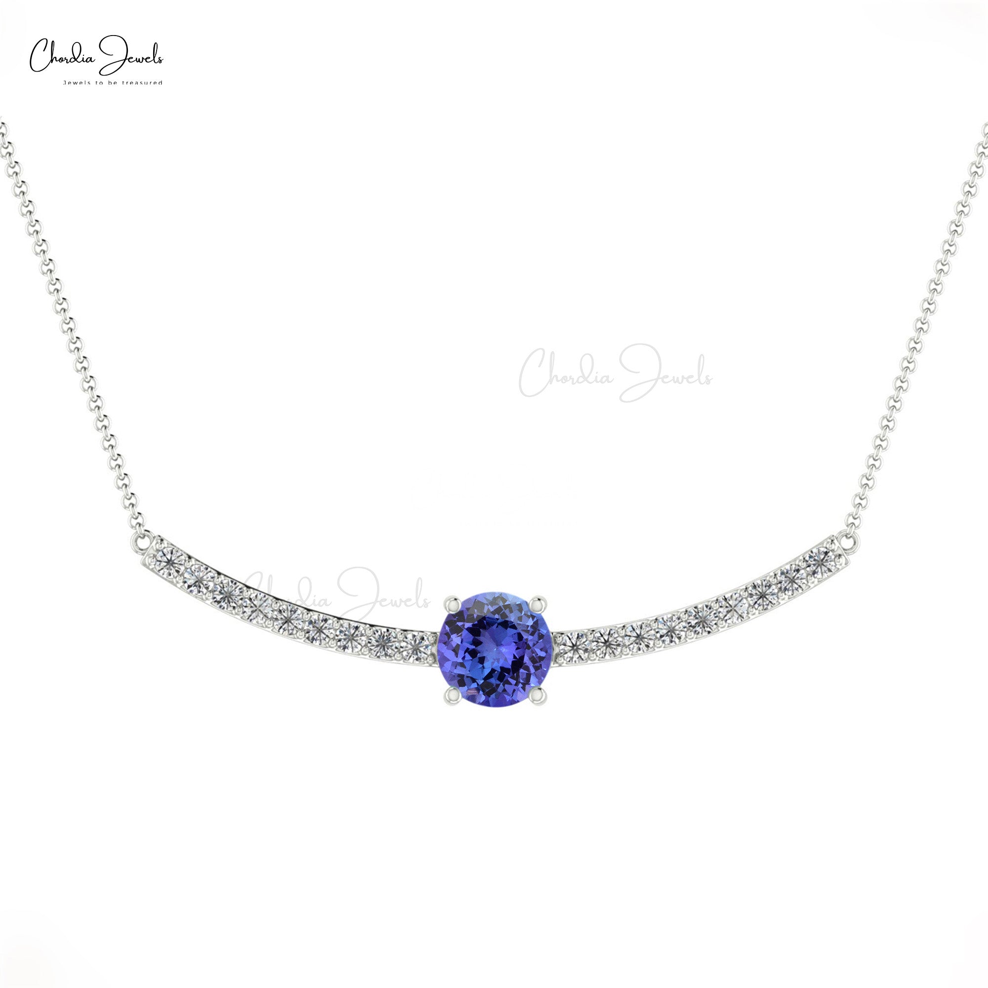 0.49Ct Blue Tanzanite & Diamond Statement Necklace in 14k Real Gold Unique Jewelry