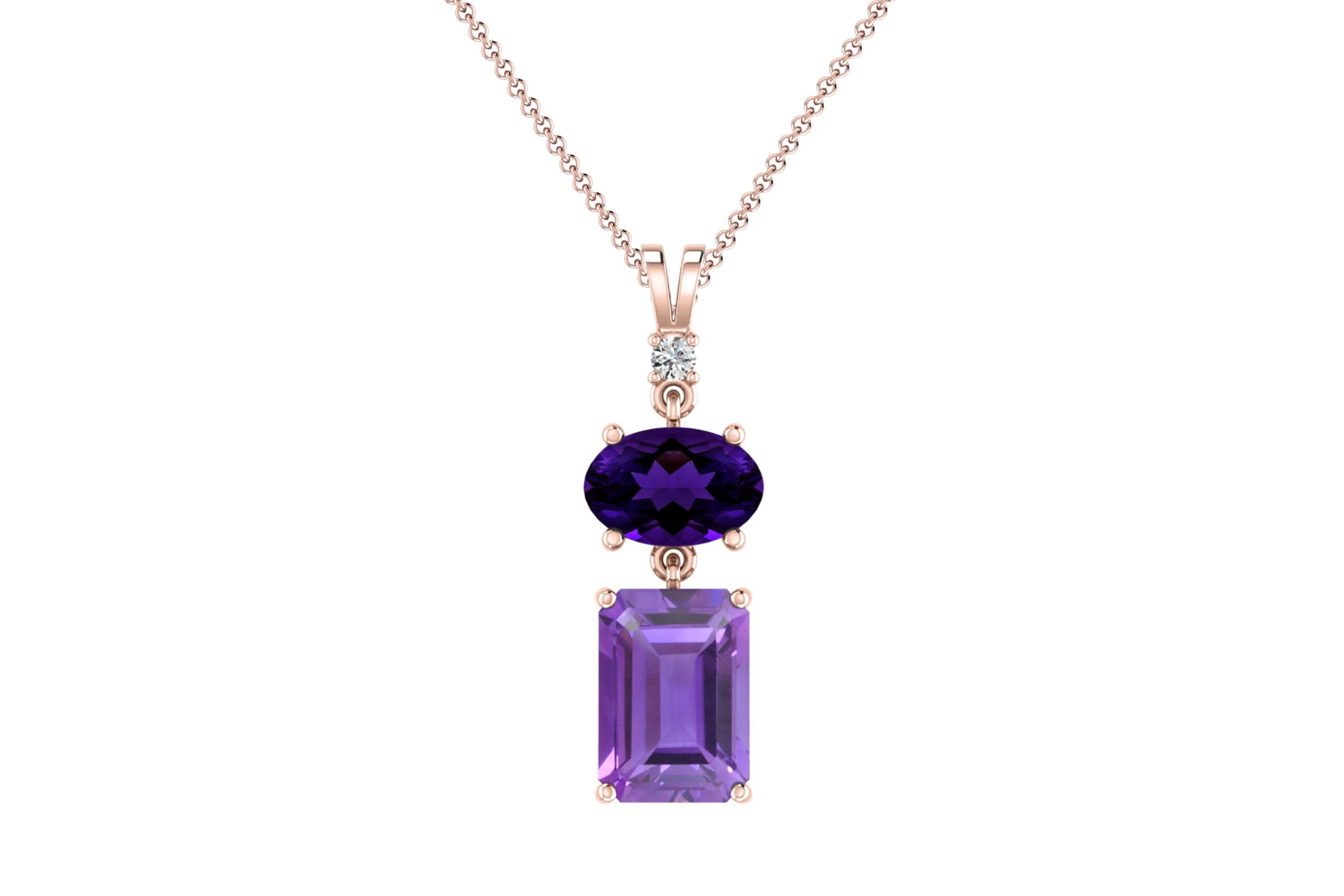 Purple Amethyst & White Diamond Accented Pendant in 14k Solid Gold Fine Jewelry