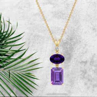 Purple Amethyst & White Diamond Accented Pendant in 14k Solid Gold Fine Jewelry