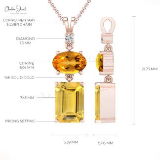 Dangle 3 Stone Pendant With 1.3 Ct Citrine And Diamond Minimalist Necklace in 14k Solid Gold