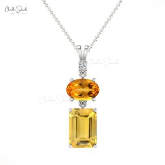 Dangle 3 Stone Pendant With 1.3 Ct Citrine And Diamond Minimalist Necklace in 14k Solid Gold