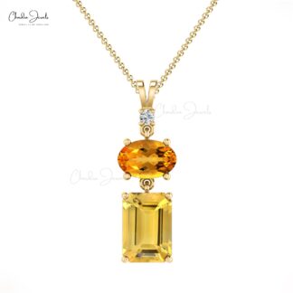 Dangle 3 Stone Pendant With 1.3 Ct Citrine And Diamond Minimalist Necklace in 14k Solid Gold