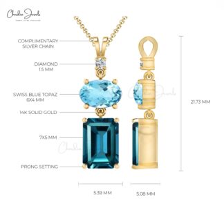 Three Stone Women Pendant in Solid 14k Gold London Blue Topaz And Diamond Jewelry For Her