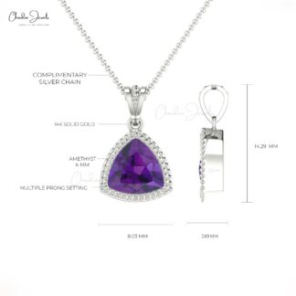 Trillion Cut Solitaire Pendant With Pure 14k Gold Amethyst Gemstone Hallmarked Jewelry