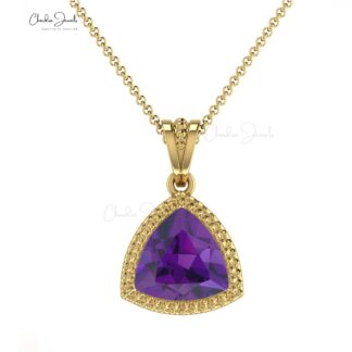 Trillion Cut Solitaire Pendant With Pure 14k Gold Amethyst Gemstone Hallmarked Jewelry