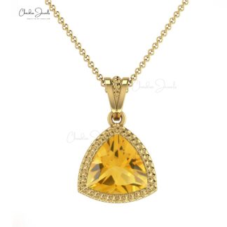 Genuine Citrine Trillion Cut Solitaire Pendant In 14k Solid Gold Handmade Fine Jewelry