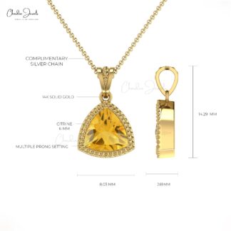 Genuine Citrine Trillion Cut Solitaire Pendant In 14k Solid Gold Handmade Fine Jewelry
