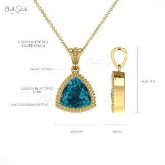 Trillian Cut Dangle Pendant In Solid 14k Gold London Blue Topaz 6mm Gemstone Necklace