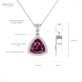 Genuine Trillion Cut Rhodolite Garnet 1Ct Solitaire Pendant 14k Solid Gold Hallmark Jewelry