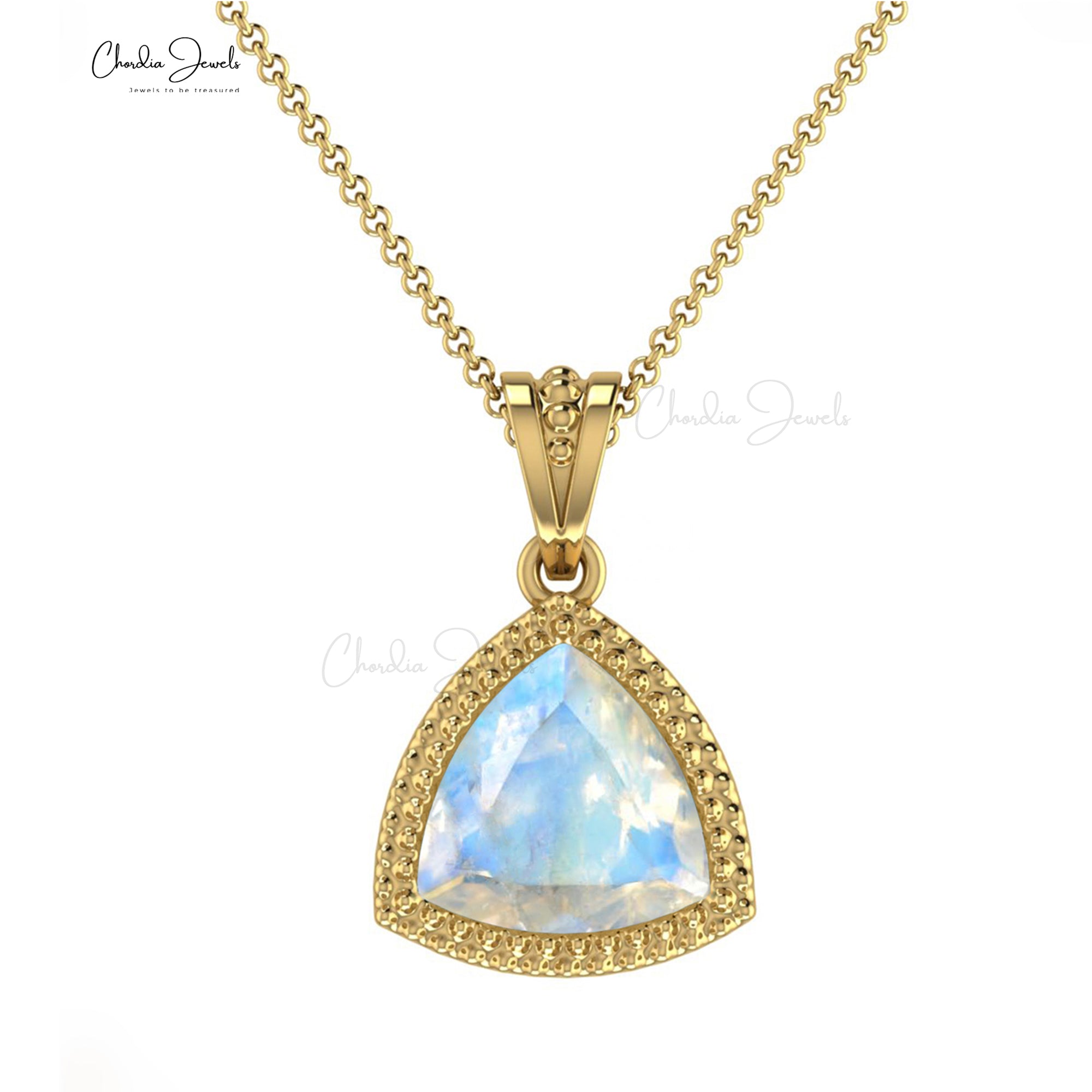 Trillion Dangle Pendant With 6mm Rainbow Moonstone Prong Set In 14k Solid Gold Necklace