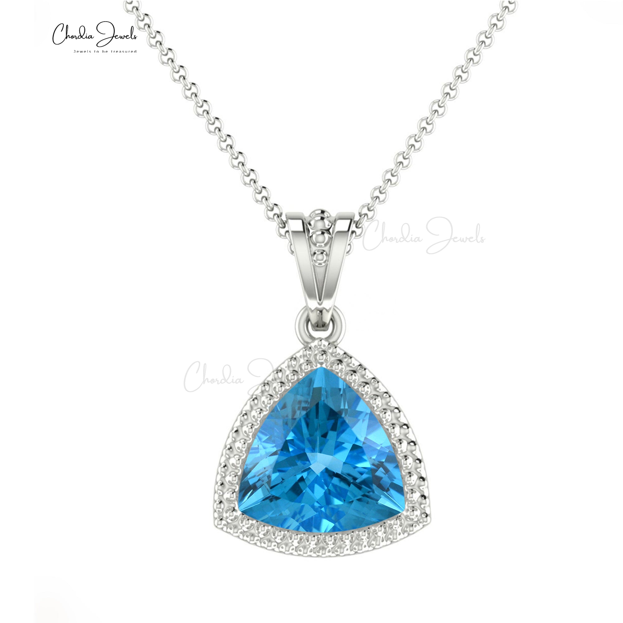 Dangling Trillion Pendant With 6mm Swiss Blue Topaz Prong Set In 14k Real Gold Jewelry