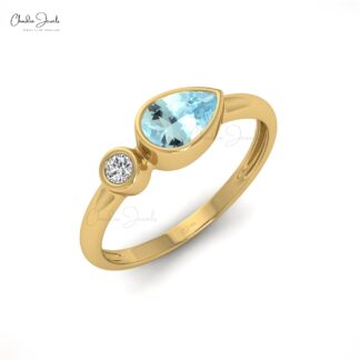 Elegant Aquamarine 6x4mm Gemstone Ring 14k Real Gold Diamond Ring For Engagement Jewelry For Her