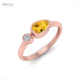 Bezel Set 2 Stone Band With Real 14k Gold Citrine November Birthstone Promise Ring