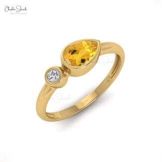 Bezel Set 2 Stone Band With Real 14k Gold Citrine November Birthstone Promise Ring