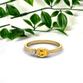 Bezel Set 2 Stone Band With Real 14k Gold Citrine November Birthstone Promise Ring