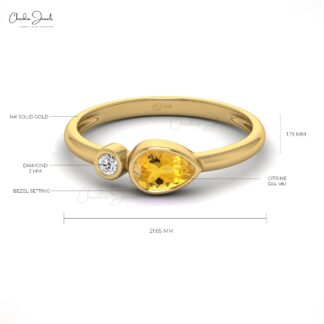 Bezel Set 2 Stone Band With Real 14k Gold Citrine November Birthstone Promise Ring