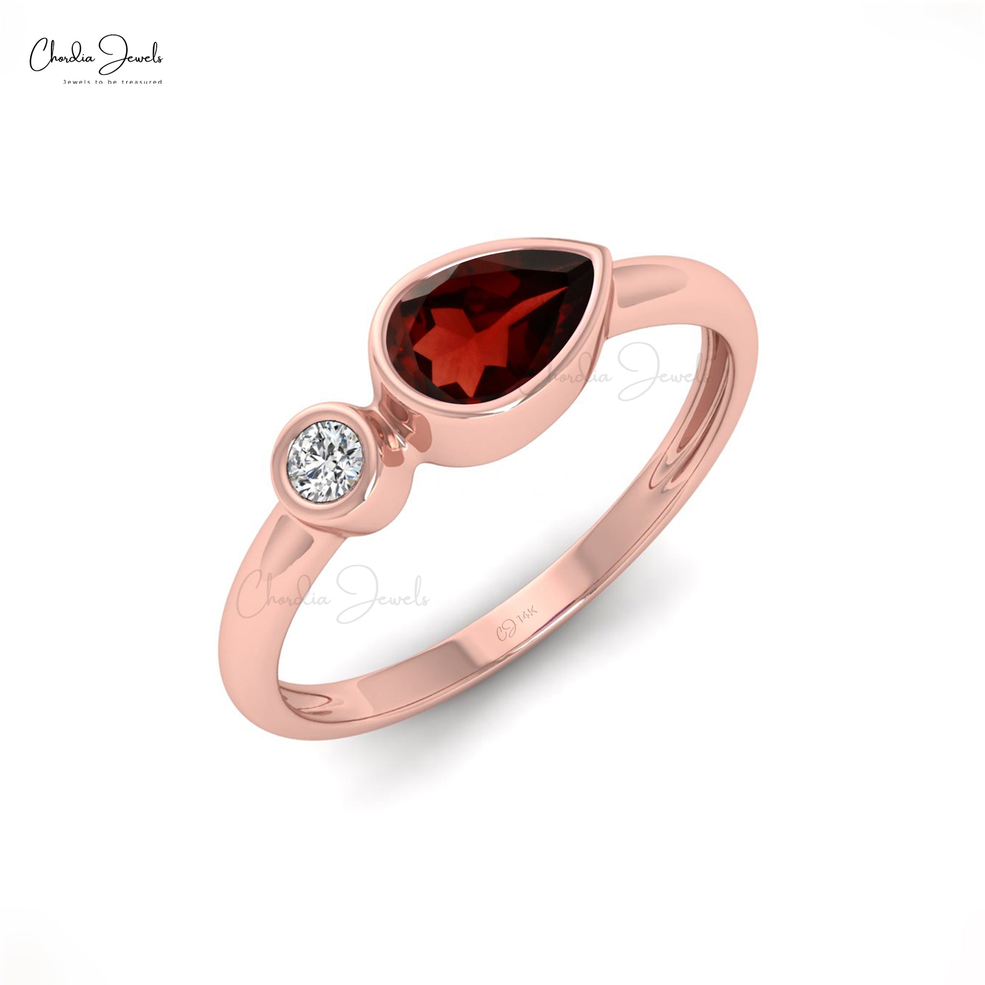 Dual Stone Engagement Ring With 6x4mm Read Garnet And Diamond 14k Real Gold Ring