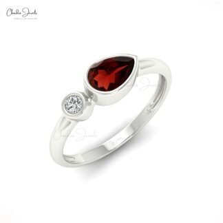 Dual Stone Engagement Ring With 6x4mm Read Garnet And Diamond 14k Real Gold Ring