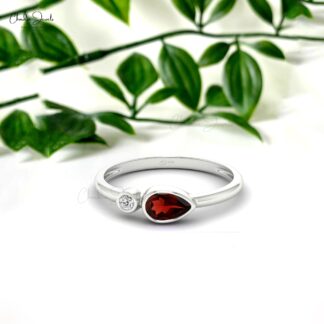 Dual Stone Engagement Ring With 6x4mm Read Garnet And Diamond 14k Real Gold Ring