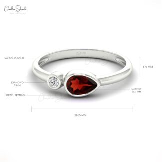 Dual Stone Engagement Ring With 6x4mm Read Garnet And Diamond 14k Real Gold Ring