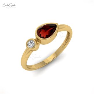 Dual Stone Engagement Ring With 6x4mm Read Garnet And Diamond 14k Real Gold Ring