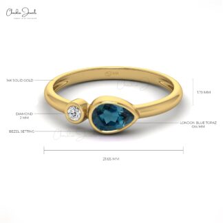 Pure 14k Gold Diamond Ring In 6x4mm London Blue Topaz Two Stone Engagement Rings