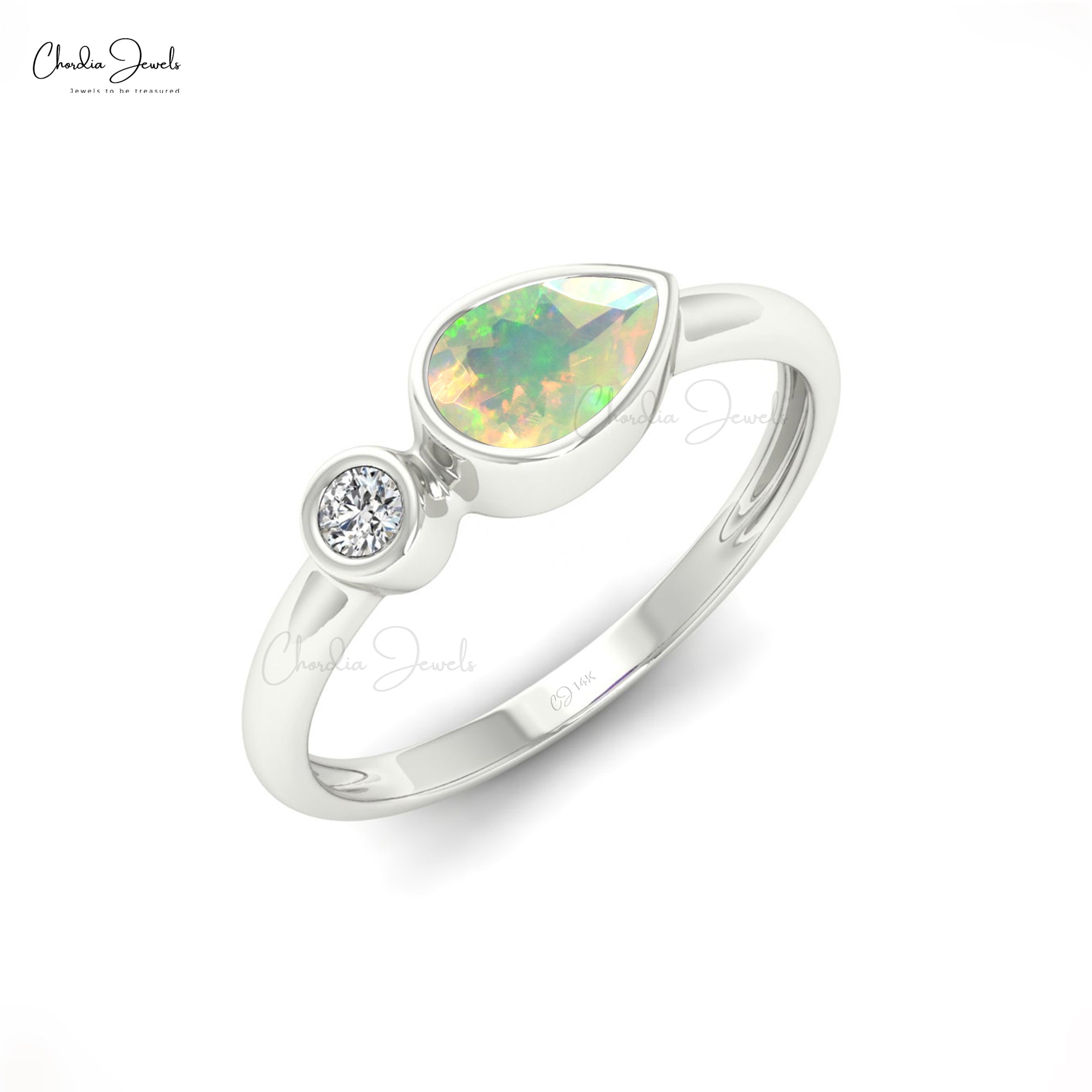 Double Stone Promise Ring in Solid 14k Gold Fire Opal 6x4mm Gemstone And Diamond Ring