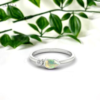 Double Stone Promise Ring in Solid 14k Gold Fire Opal 6x4mm Gemstone And Diamond Ring