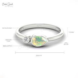 Double Stone Promise Ring in Solid 14k Gold Fire Opal 6x4mm Gemstone And Diamond Ring