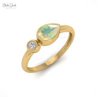 Double Stone Promise Ring in Solid 14k Gold Fire Opal 6x4mm Gemstone And Diamond Ring