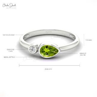 Pear Cut Peridot Bezel Set Ring in Solid 14k Gold Gemstone And Diamond 2 Stone Jewelry